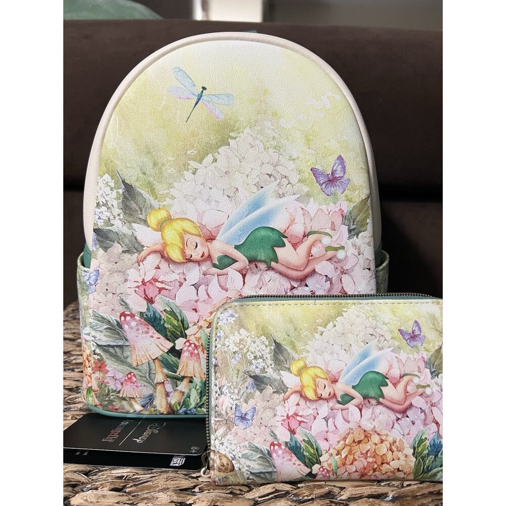 Loungefly Disney Peter Pan Tinker Bell Flowers Mini Backpack Wallet Set